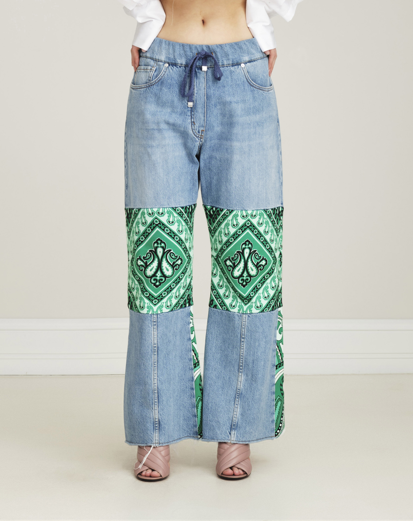 Etro- Green Paisley Patchwork Wide Leg Jeans